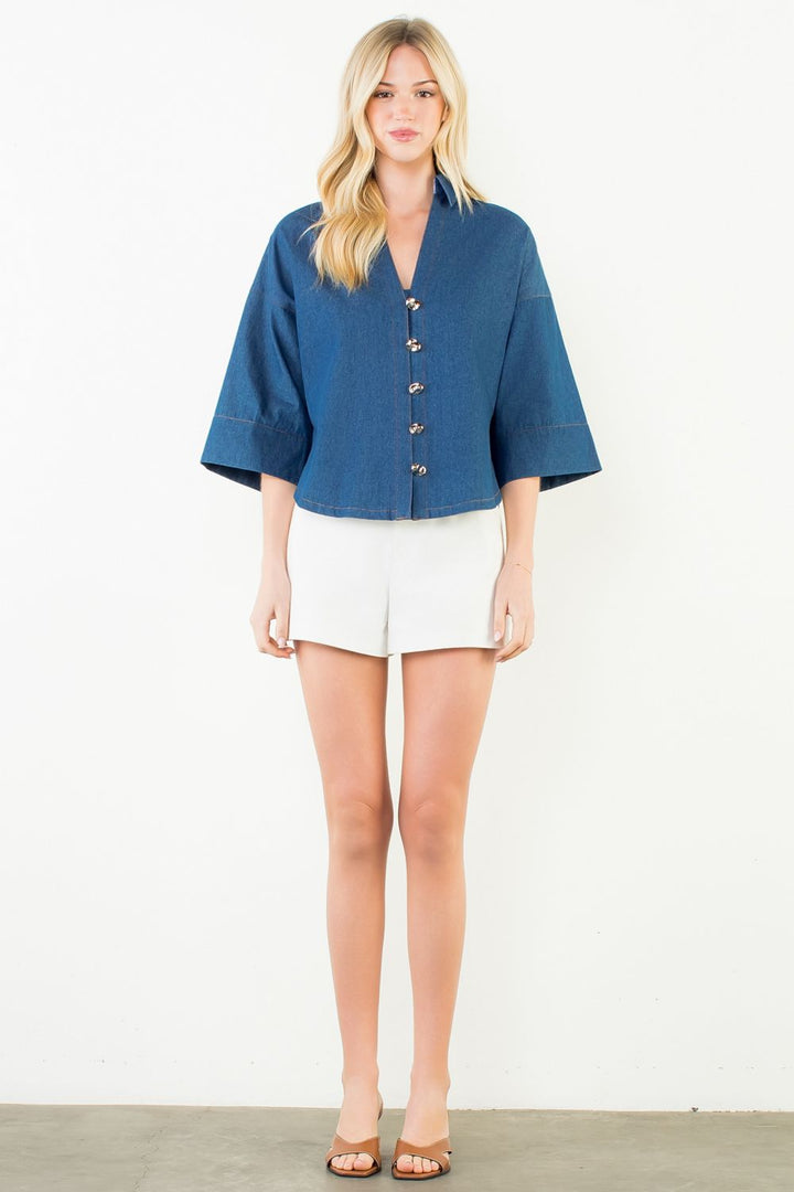 Denim Collared Button Up Top (Denim Blue)