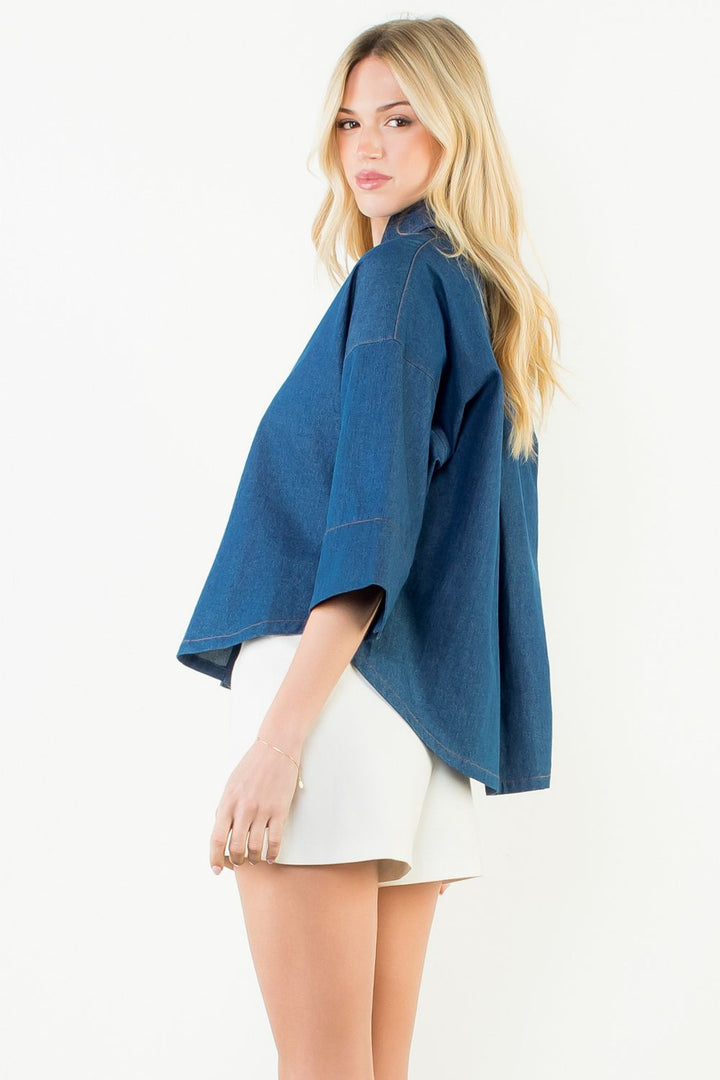 Denim Collared Button Up Top (Denim Blue)