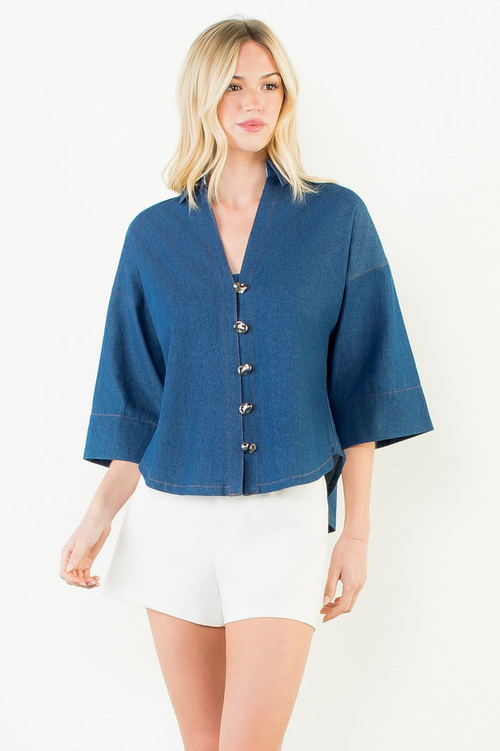 Denim Collared Button Up Top (Denim Blue)