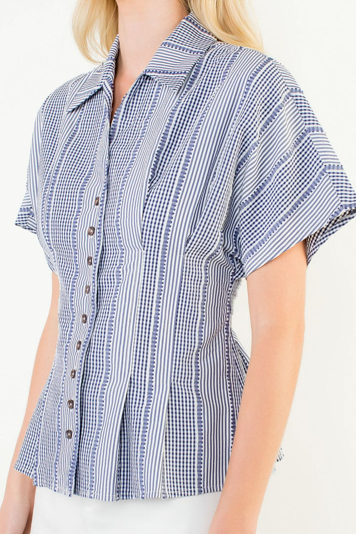 Stripes Gingham Button Up Top (Blue)