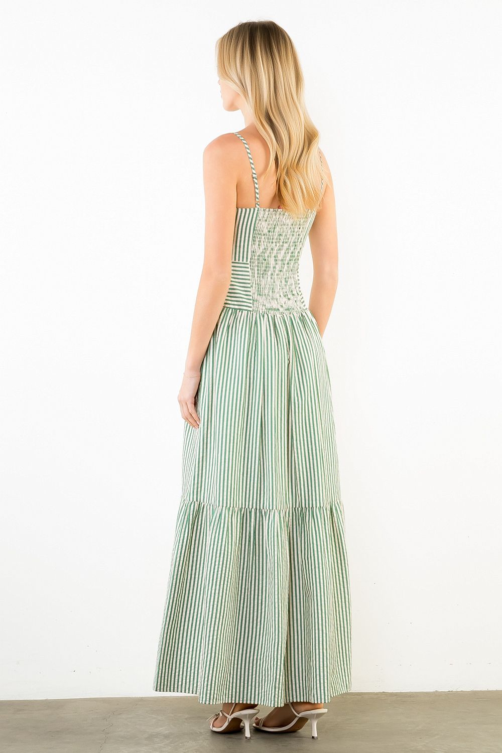 Thin Strap Textured Tiered Dress (Green)