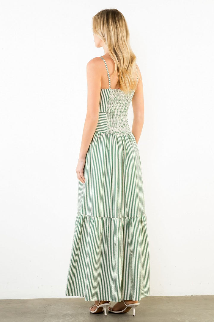 Thin Strap Textured Tiered Dress (Green)