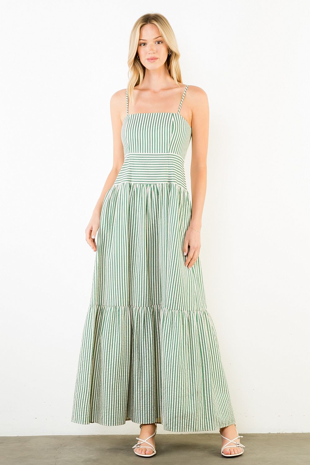 Thin Strap Textured Tiered Dress (Green)